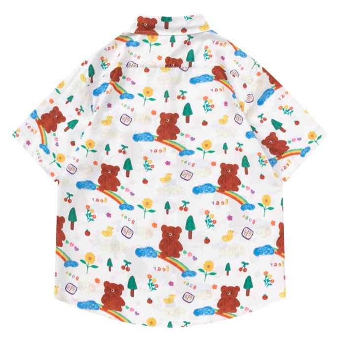 Retro "bear" graffiti all-over print short-sleeved shirt