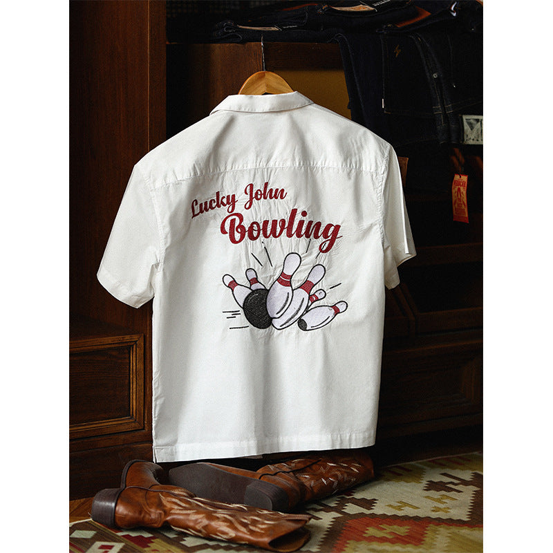 Chain Retro Embroidered Bowling Short Sleeve Open Collar Shirt