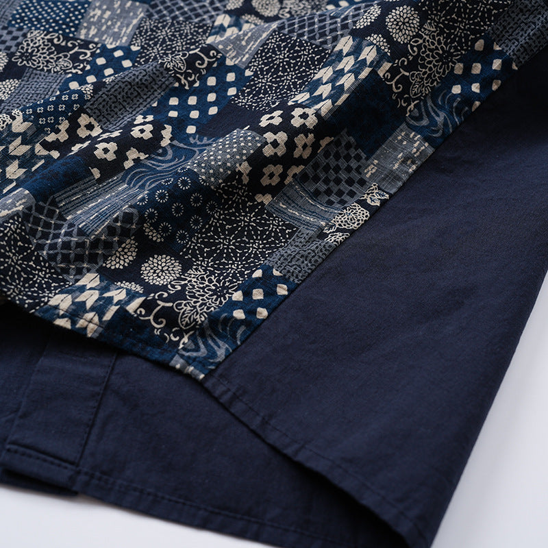 Vintage-style all-over pattern Chinese button-down shirt