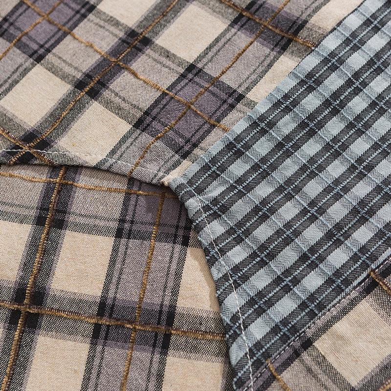 Reconstructed check and stripe combination long-sleeved shirt