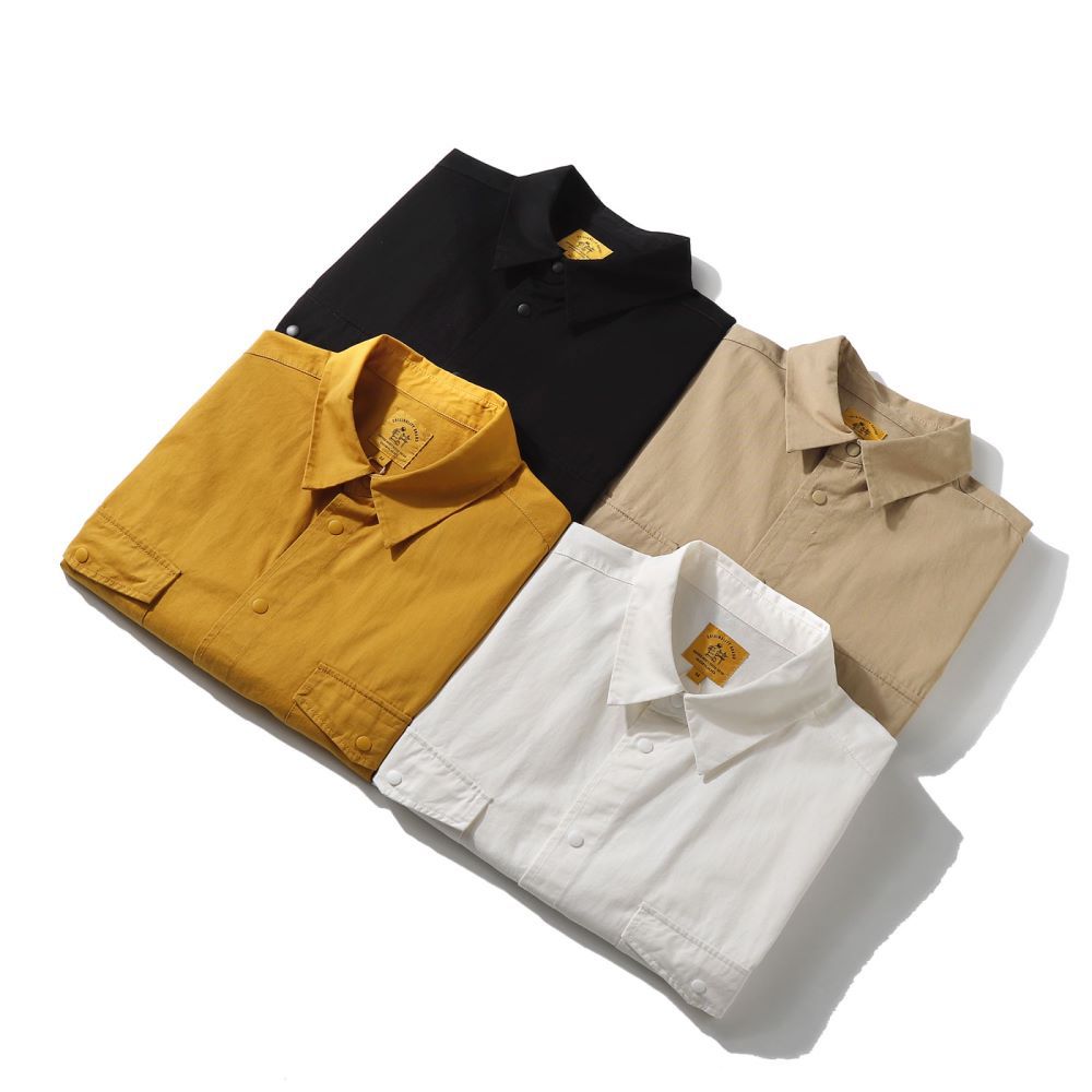 Retro plain large pocket work short sleeve shirt