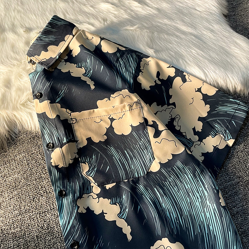 Retro "Wave" All-Over Print Aloha Shirt, Short Sleeve
