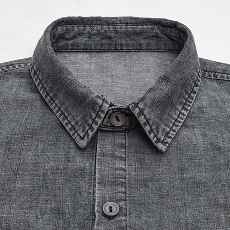 Distressed Wash Retro Denim Short Sleeve Shirt
