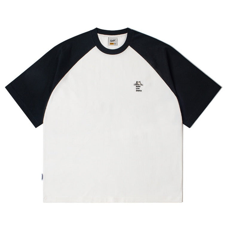 Color-coordinated embroidered raglan sleeve short-sleeved T-shirt