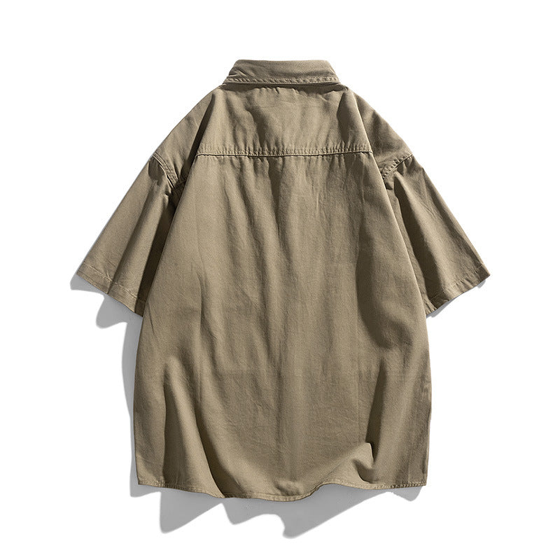 Retro plain large pocket work short sleeve shirt