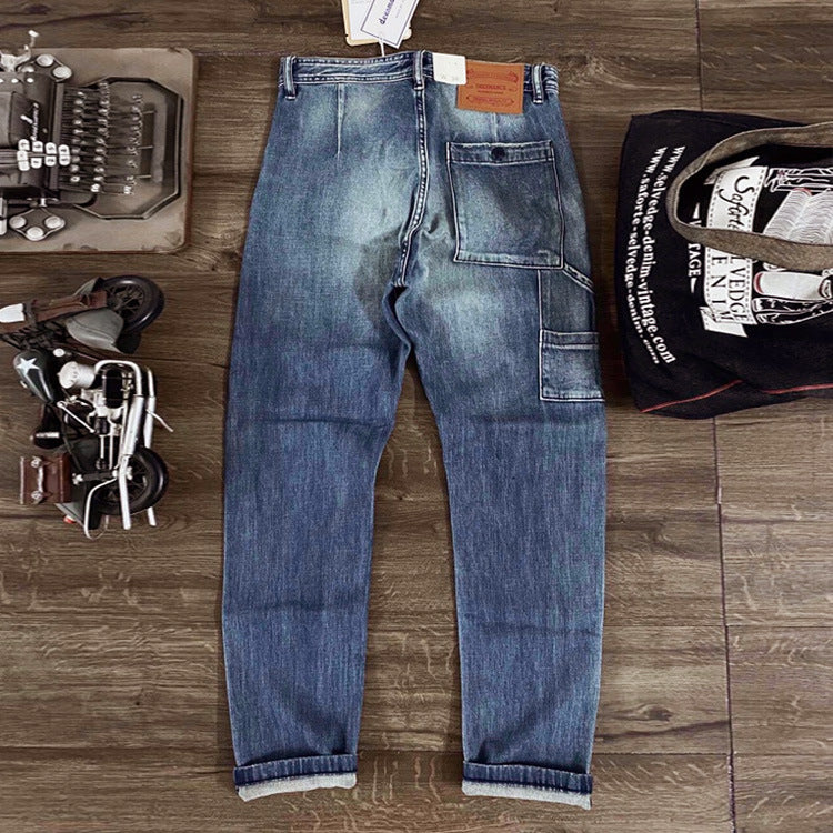 Whiskered and washed patch pocket denim pants