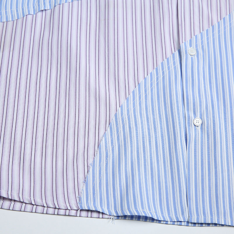 Reconstructed color-coordinated striped short-sleeved shirt