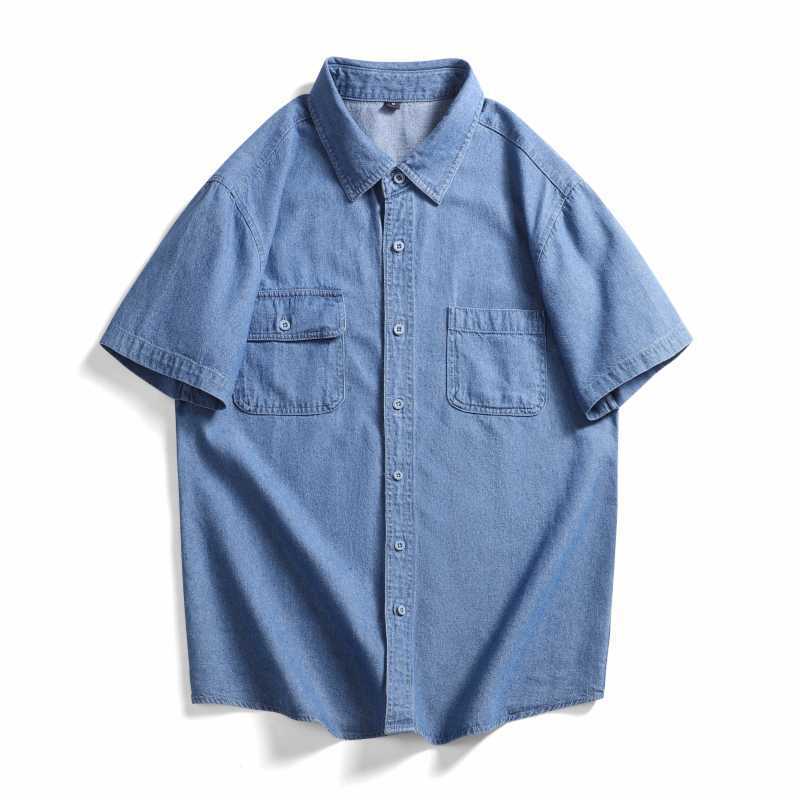 Classic plain denim short-sleeved work shirt