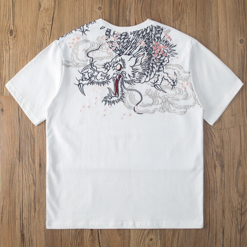 Yokosuka Dragon and Cherry Blossom Embroidered Short Sleeve T-Shirt