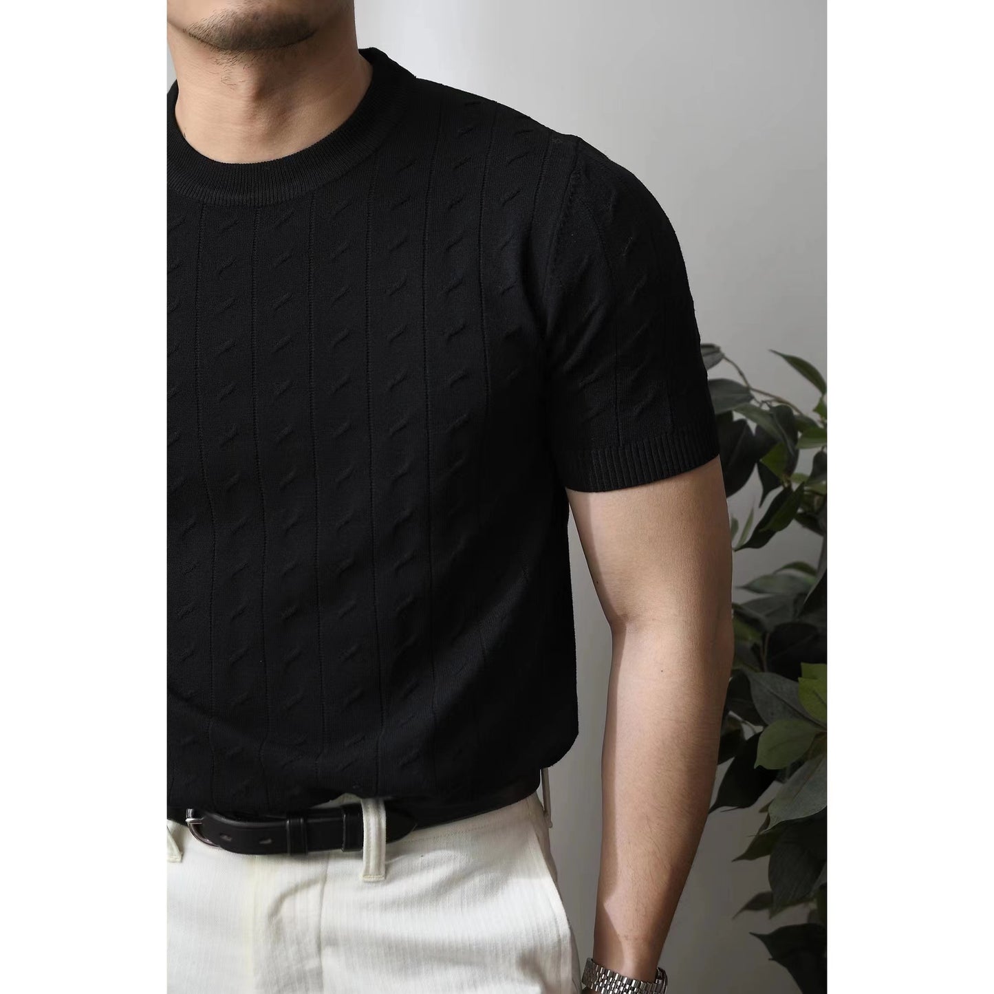 Slim American retro knit short sleeve T-shirt