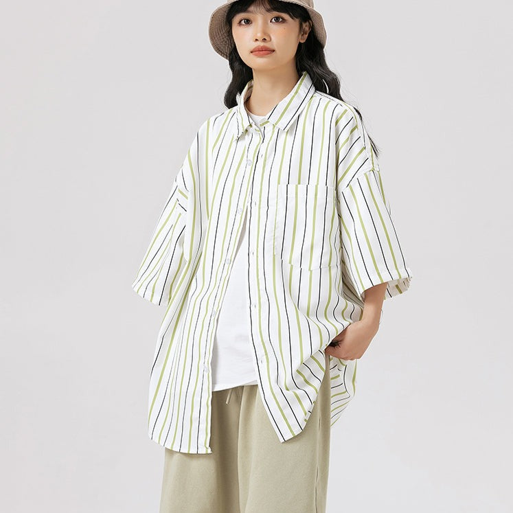 定番ストライプ合わせやすい半袖シャツ