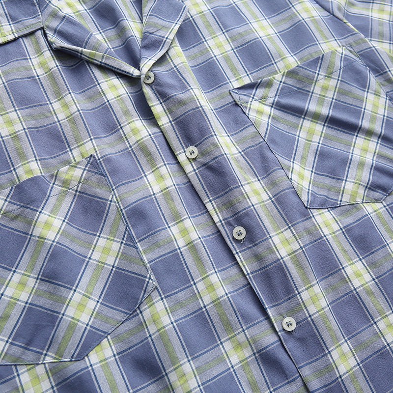 Classic checkered fold-over neck short-sleeved shirt