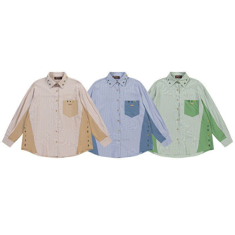 Striped color-block long-sleeved shirt