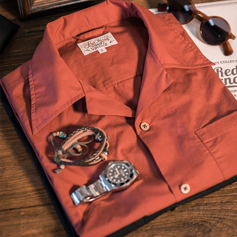 Solid Cuban collar print short sleeve shirt