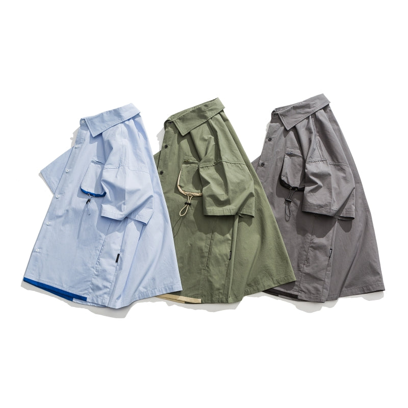 Drawcord pocket cotton short sleeve shirt available in 3 colors
