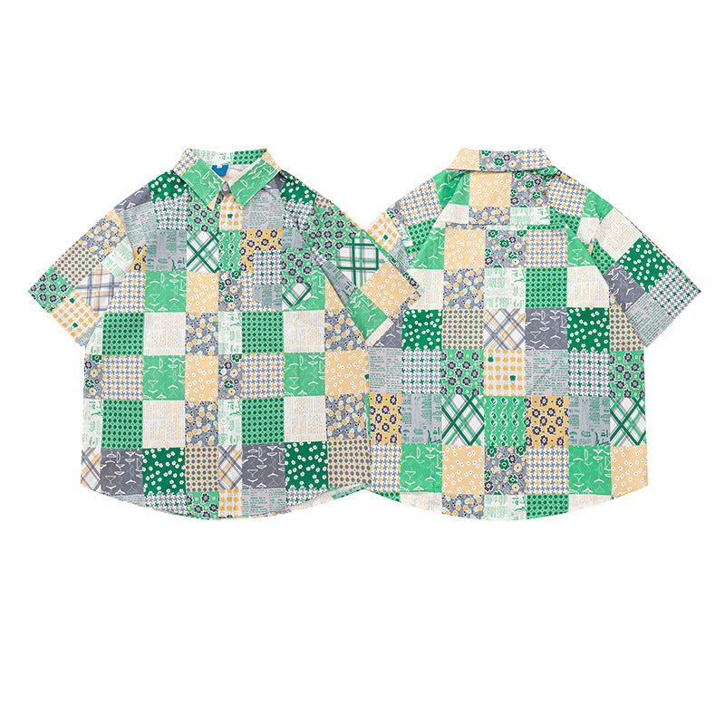 Retro color scheme all-over Hawaiian short-sleeved shirt
