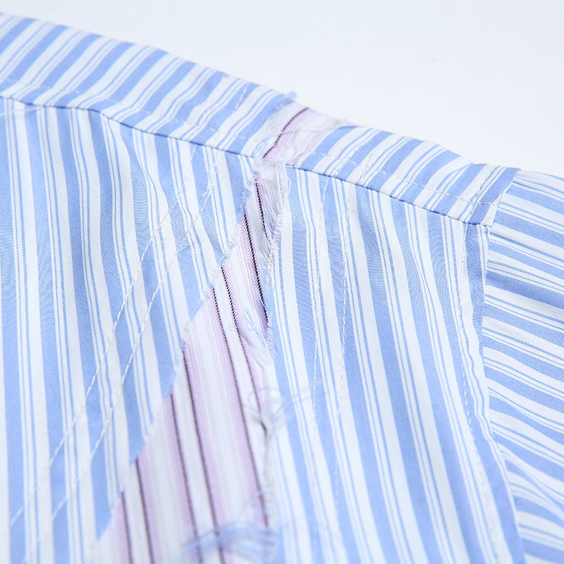 Reconstructed color-coordinated striped short-sleeved shirt