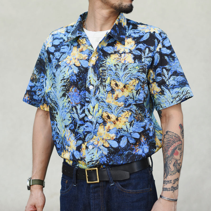 HAWAII ALOHA "Phantom Blue Flowers" Oil Painting Aloha Shirt