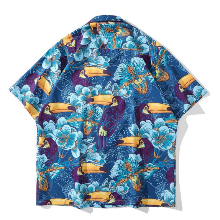 Animal and plant print aloha short-sleeved shirt