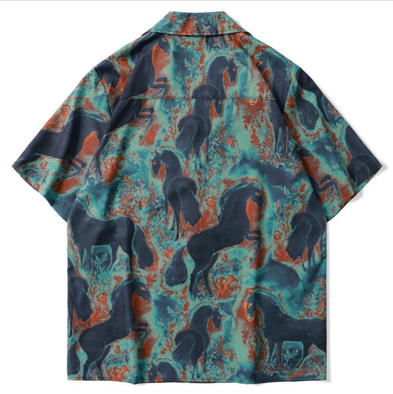 Retro Hawaiian "Horse" Print Short Sleeve Shirt