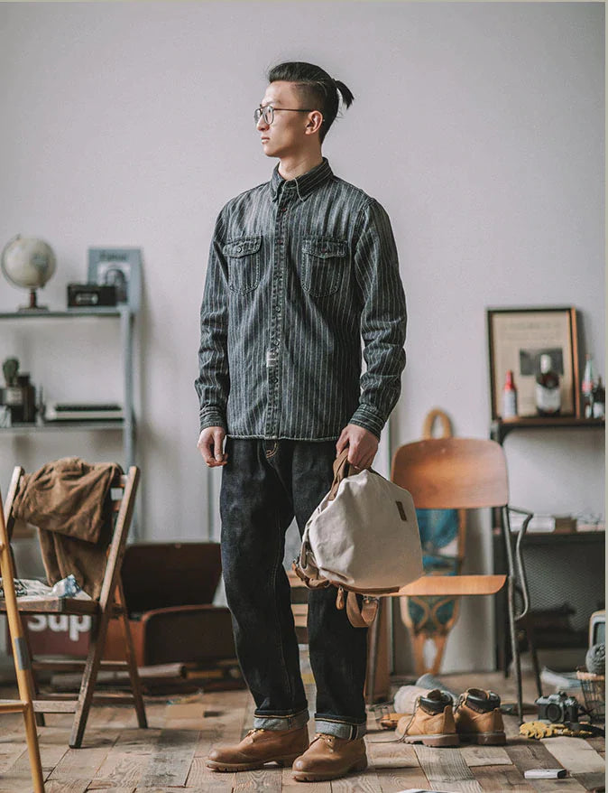 American casual striped denim shirt