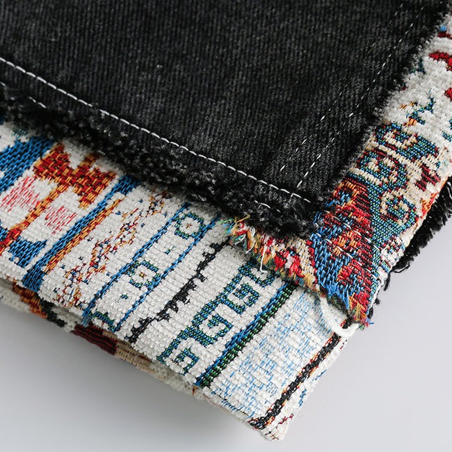 Ethnic jacquard patchwork denim shorts