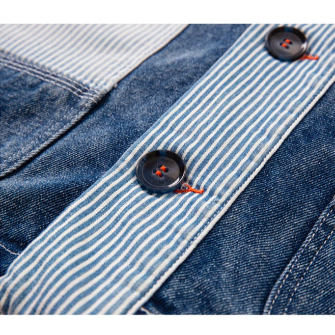 Color scheme switching stripe no-collar denim jacket