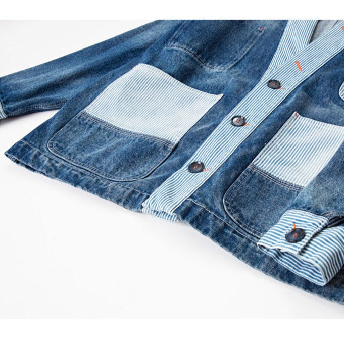 Color scheme switching stripe no-collar denim jacket