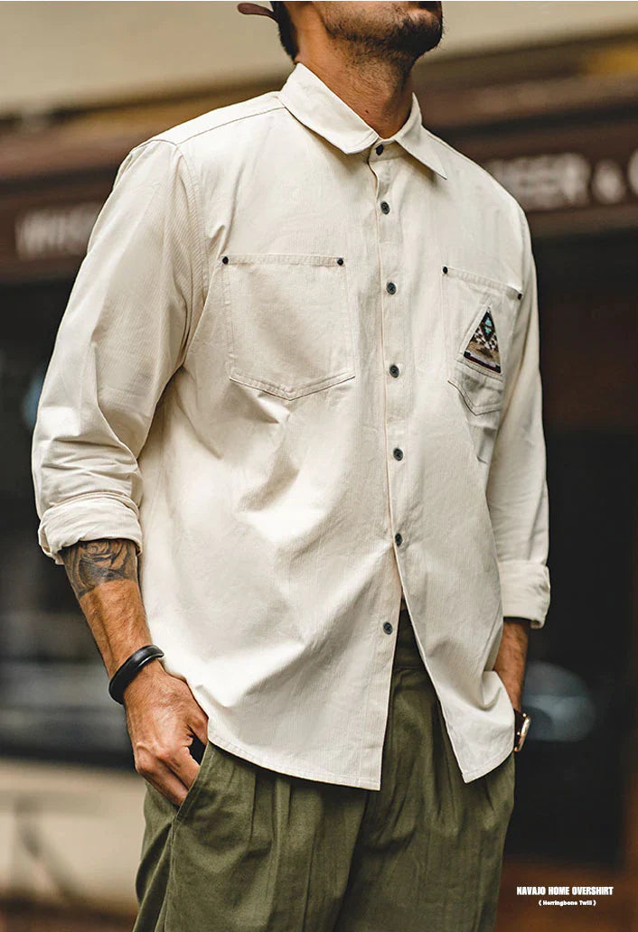 Retro American Indian Totem Stitch Pocket Long Sleeve Shirt