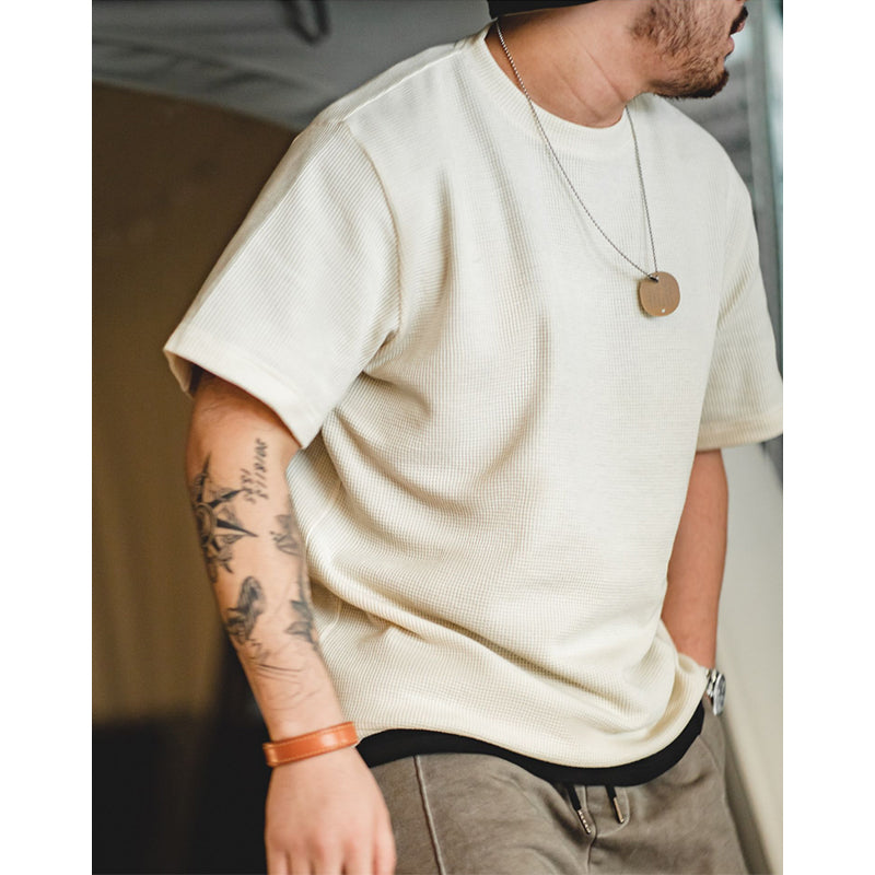 Draped waffle fabric knit T-shirt