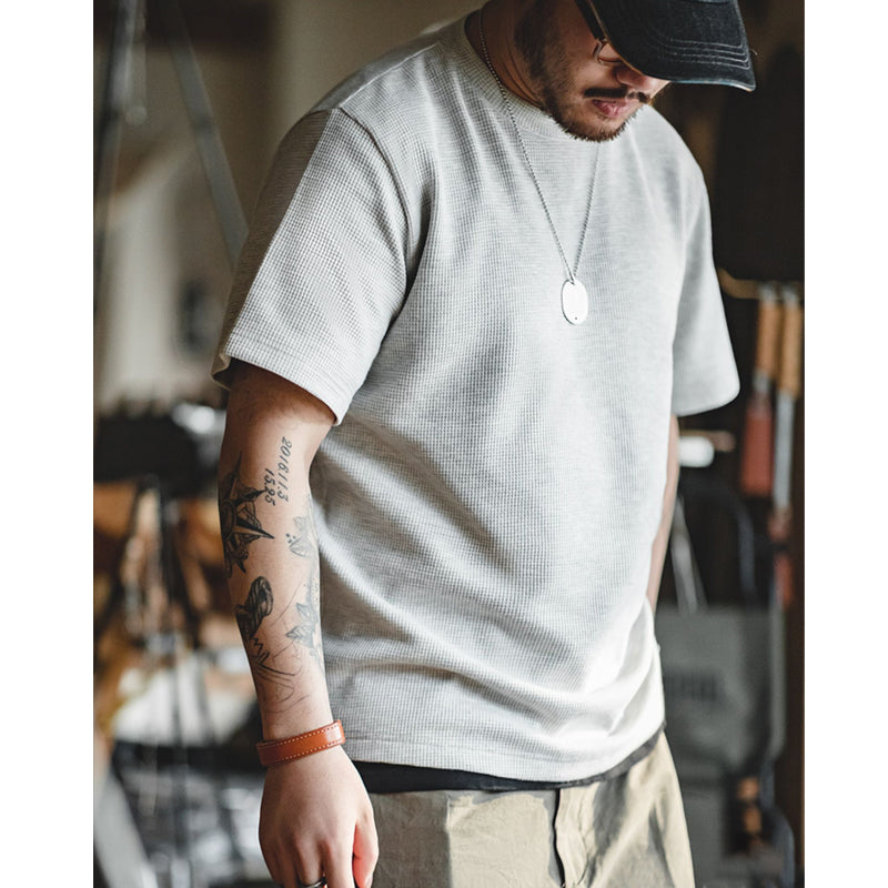 Draped waffle fabric knit T-shirt