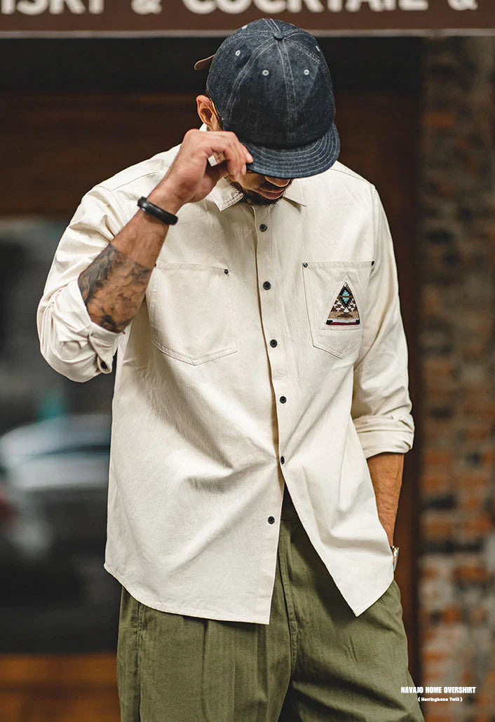 Retro American Indian Totem Stitch Pocket Long Sleeve Shirt