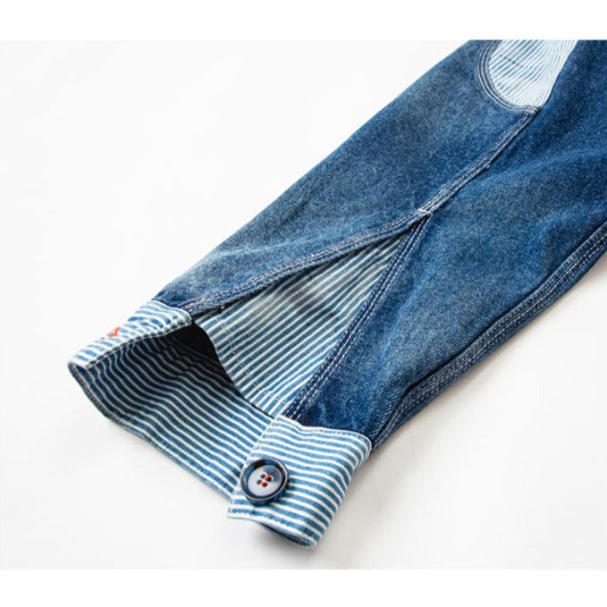 Color scheme switching stripe no-collar denim jacket
