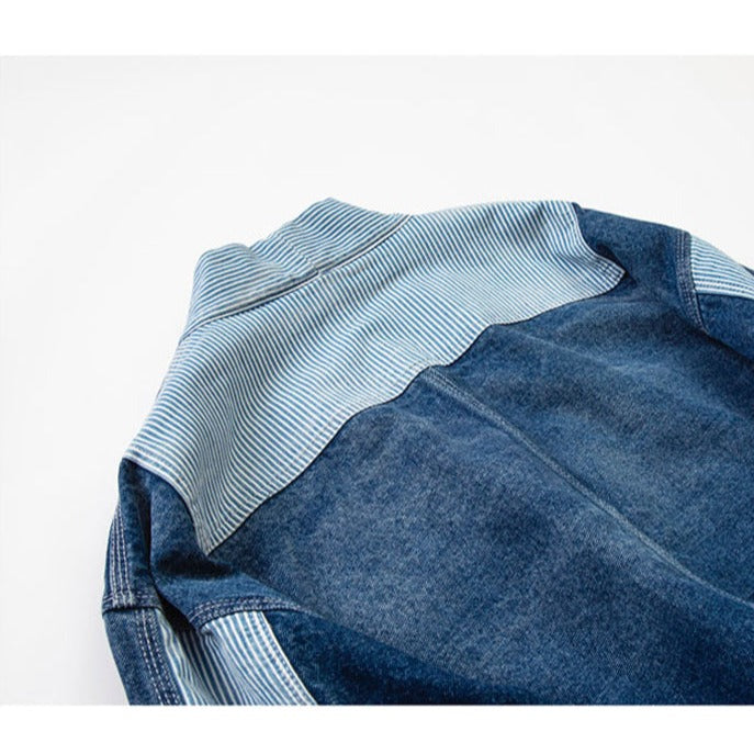 Color scheme switching stripe no-collar denim jacket