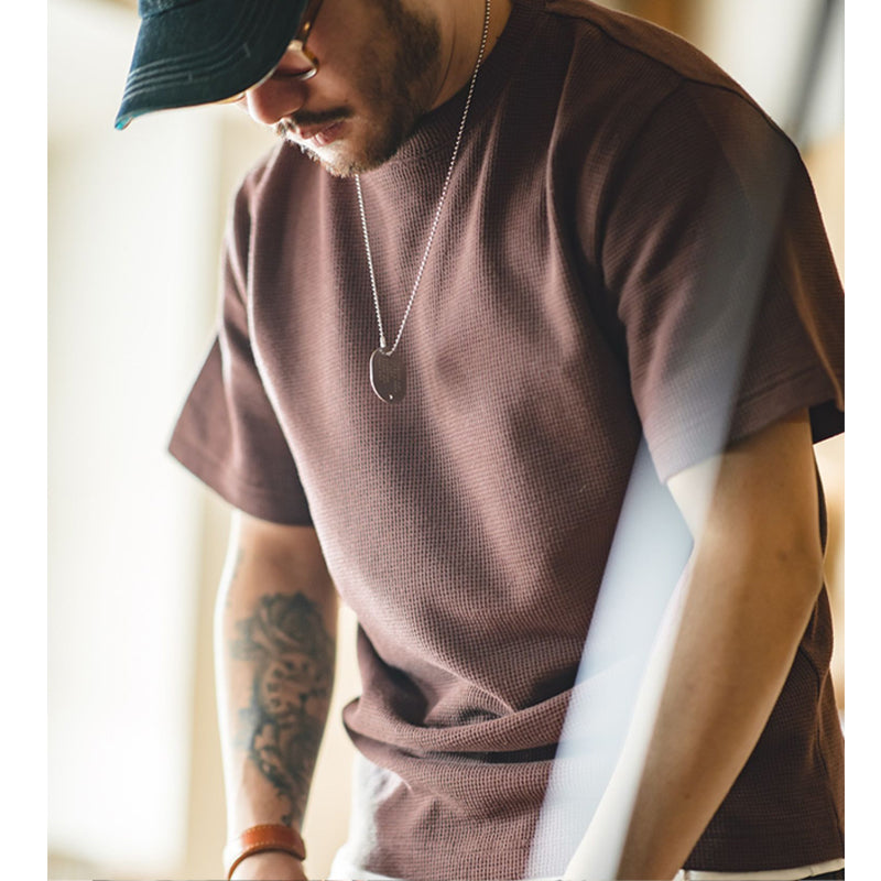 Draped waffle fabric knit T-shirt