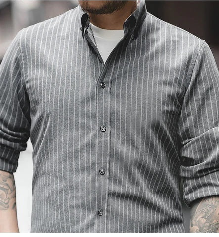 Men's American Retro Striped Shirt Lapel Long Sleeve