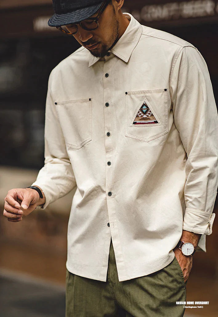 Retro American Indian Totem Stitch Pocket Long Sleeve Shirt