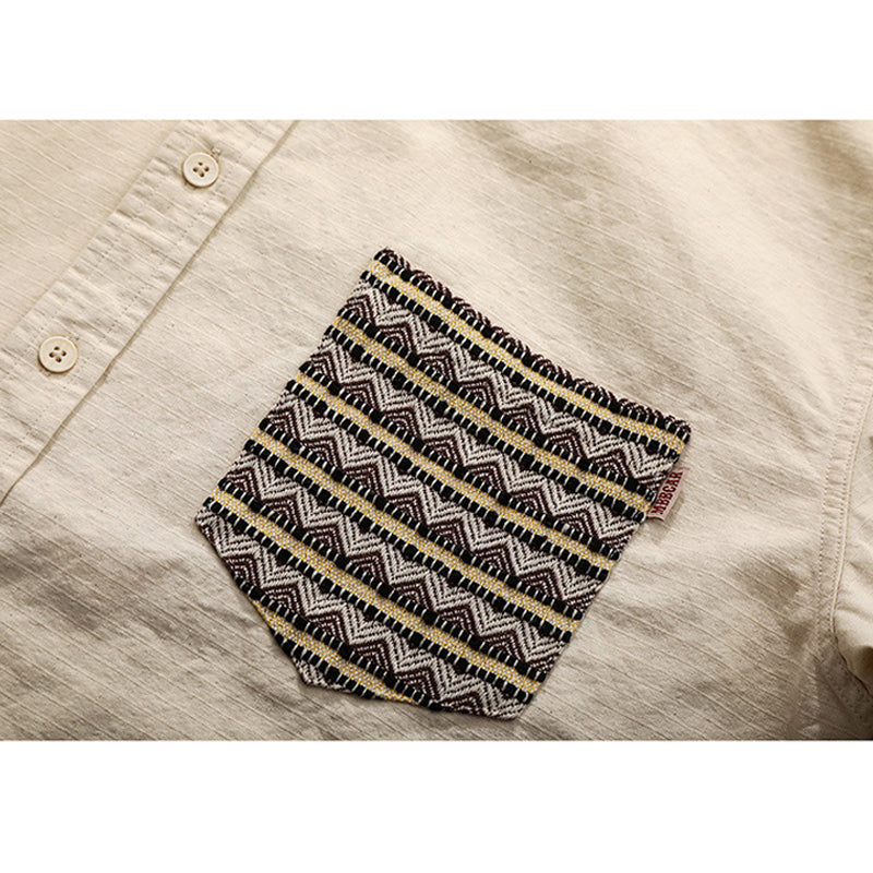 Ethnic Pattern Pocket Kibata Material Washed Shirt