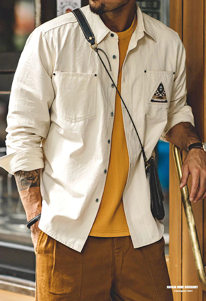 Retro American Indian Totem Stitch Pocket Long Sleeve Shirt