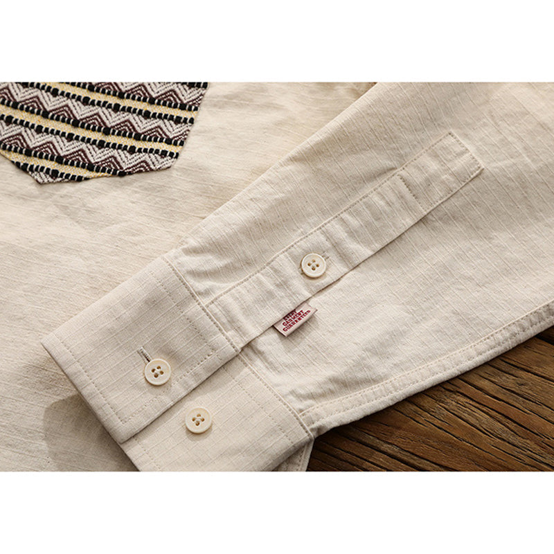 Ethnic Pattern Pocket Kibata Material Washed Shirt