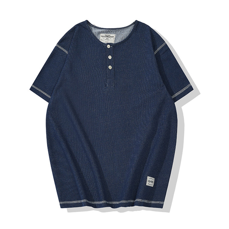Denim knit henley neck short-sleeved T-shirt