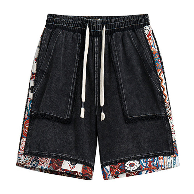Ethnic jacquard patchwork denim shorts