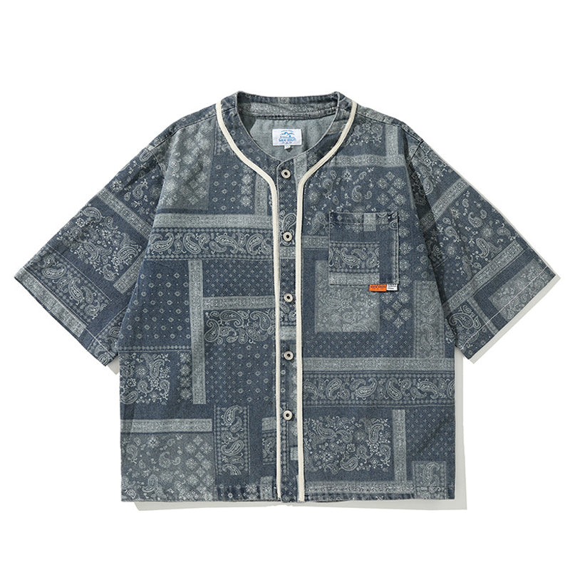 Paisley pattern baseball collar short sleeve denim shirt