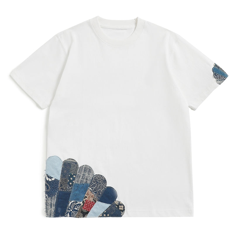 Indigo dyed & vintage BORO patchwork short-sleeved T-shirt