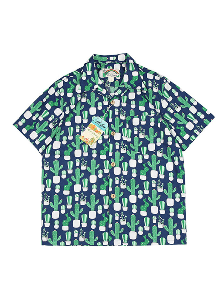 Cartoon Cactus Summer Printed Cotton Hawaiian Shirt