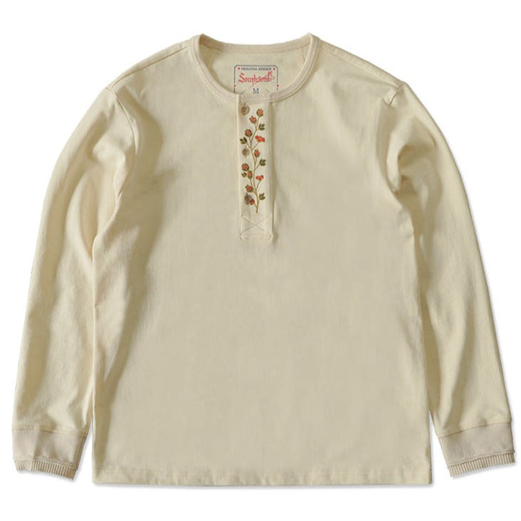 Floral embroidery cotton henley neck long T