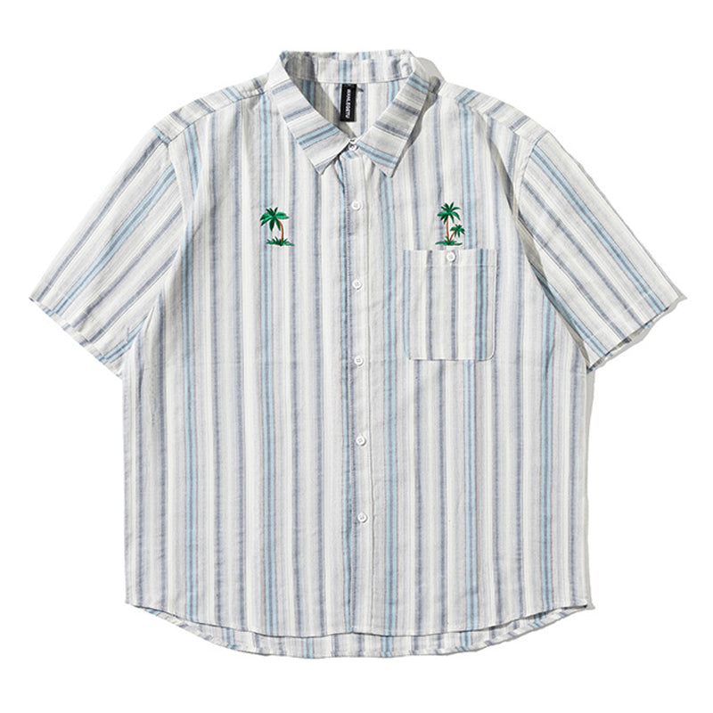 Palm tree embroidered multi-stripe shirt