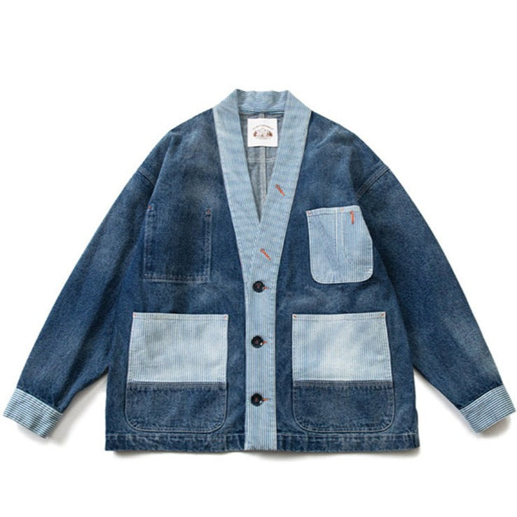 Color scheme switching stripe no-collar denim jacket