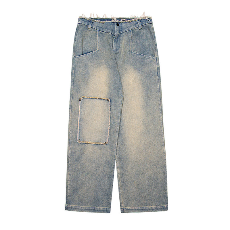 WASHED PATCHWORK WIDE DENIM PANTS