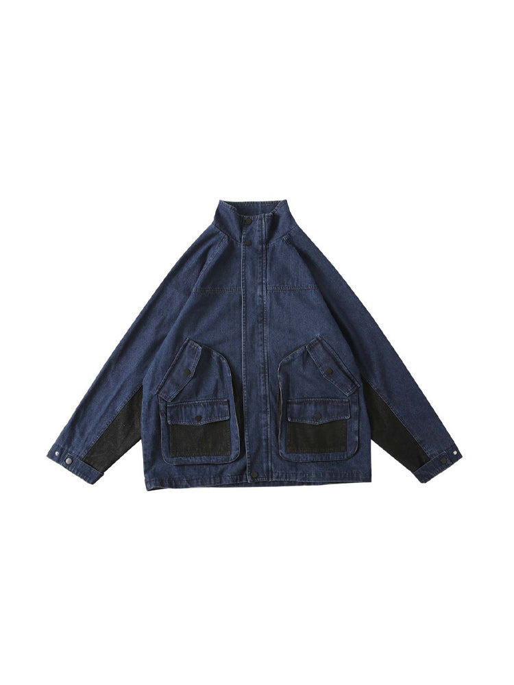 Three-dimensional pocket color scheme switching denim jacket
